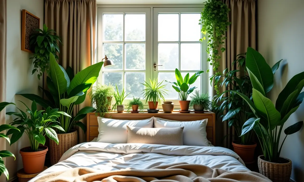 Quarto com plantas verdes exuberantes, criando uma atmosfera de natureza dentro de casa.