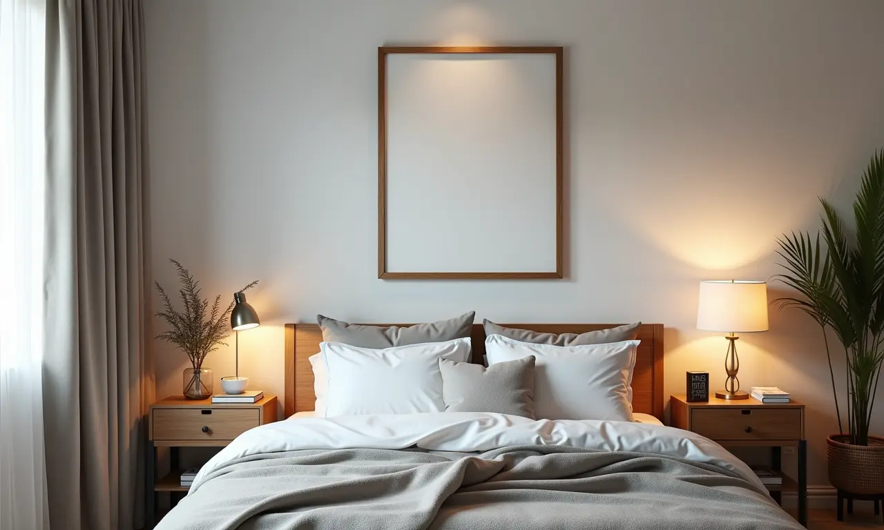 Quarto com quadros inspiradores e objetos pessoais, criando atmosfera positiva.