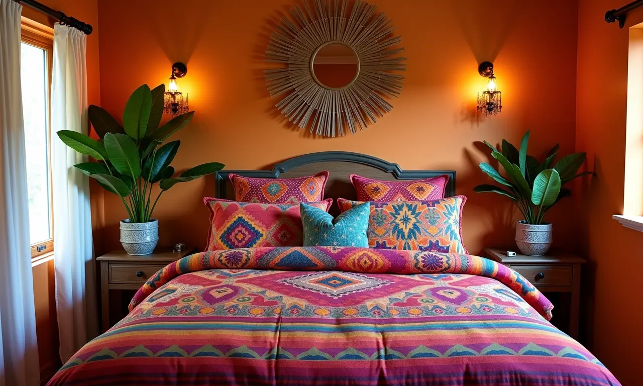 Quarto com roupa de cama colorida e padrões vibrantes da Etna.