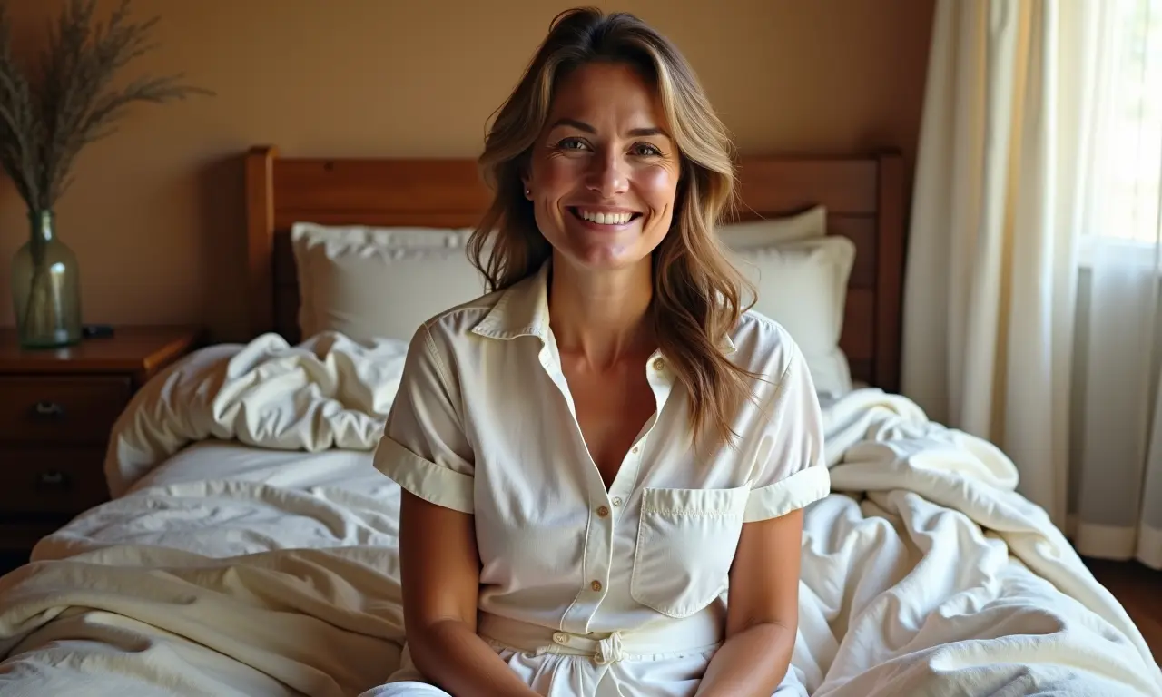 Quarto com roupa de cama de linho, cabeceira de madeira e ambiente aconchegante.
