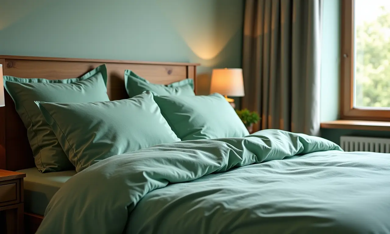 Quarto com roupa de cama verde de linho, travesseiros macios e iluminação suave.