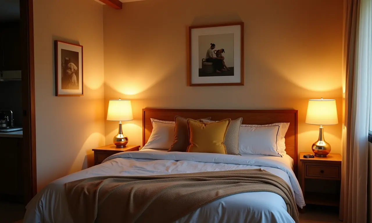 Quarto de apartamento pequeno com iluminação aconchegante.