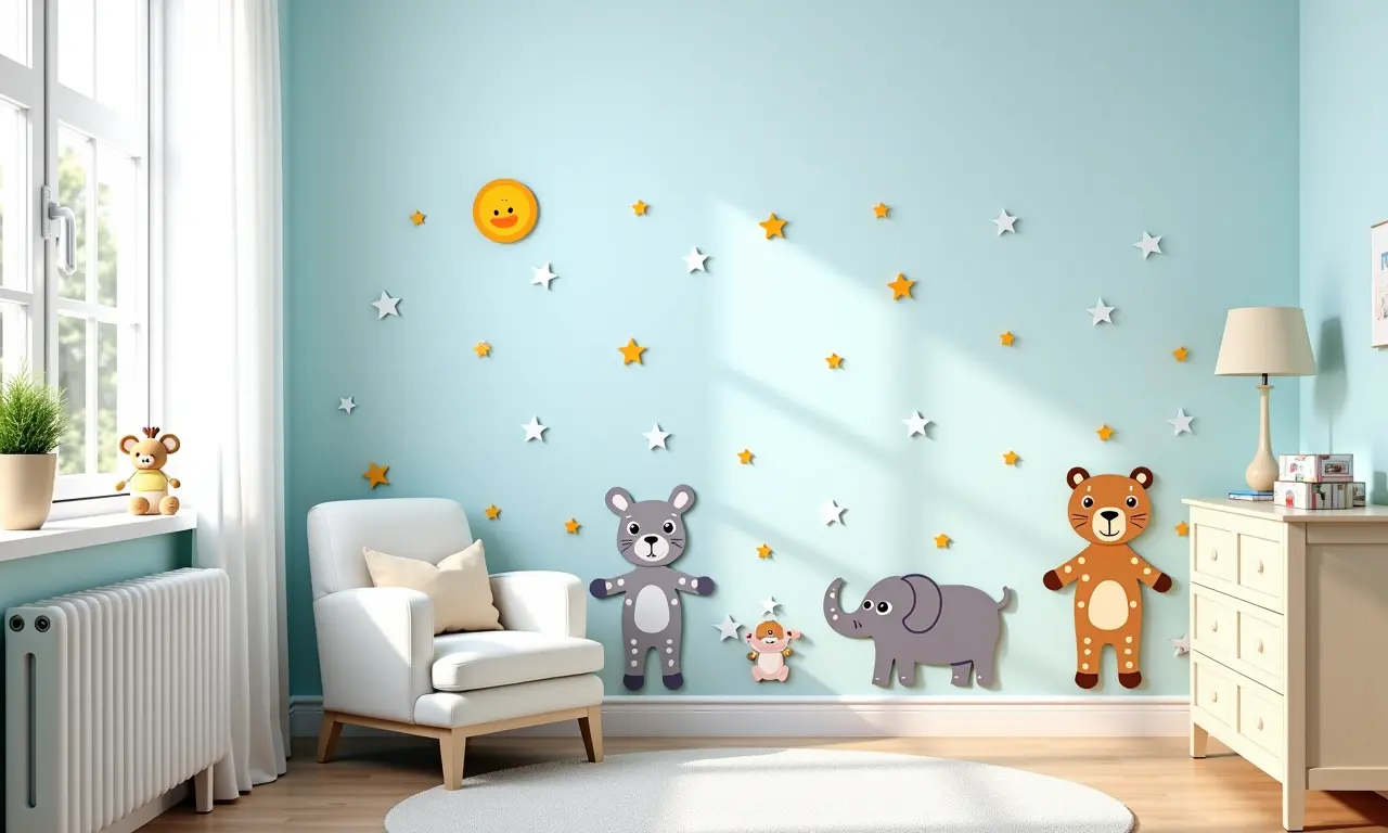 Quarto de bebê com adesivos de parede temáticos de animais e estrelas.