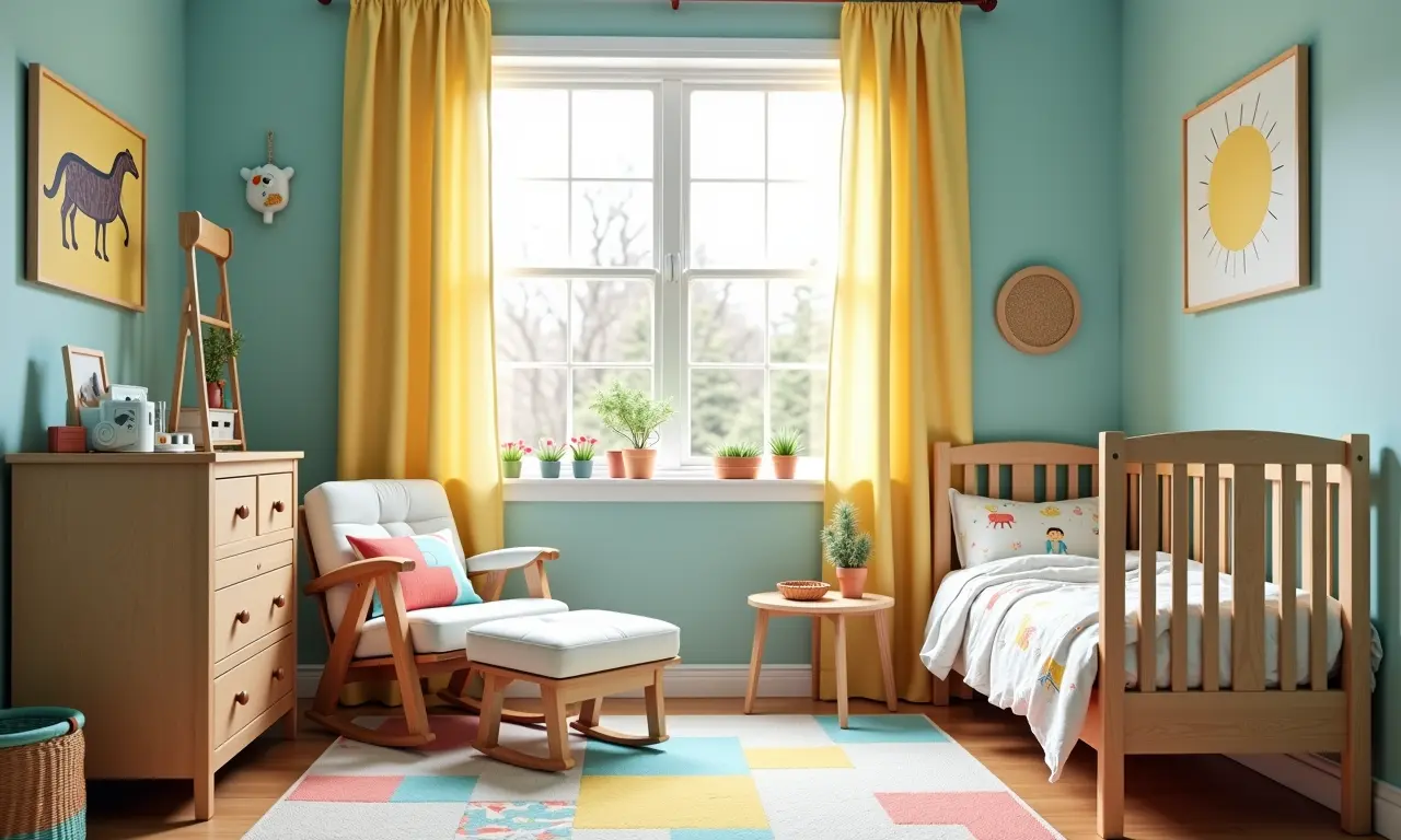Quarto de bebê com cortinas e tecidos coloridos que alegram o ambiente.