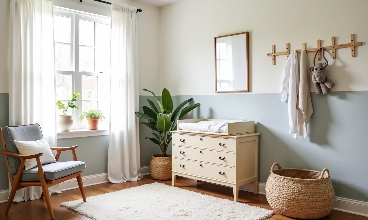 Quarto de bebê com móveis reutilizados e decoração sustentável.