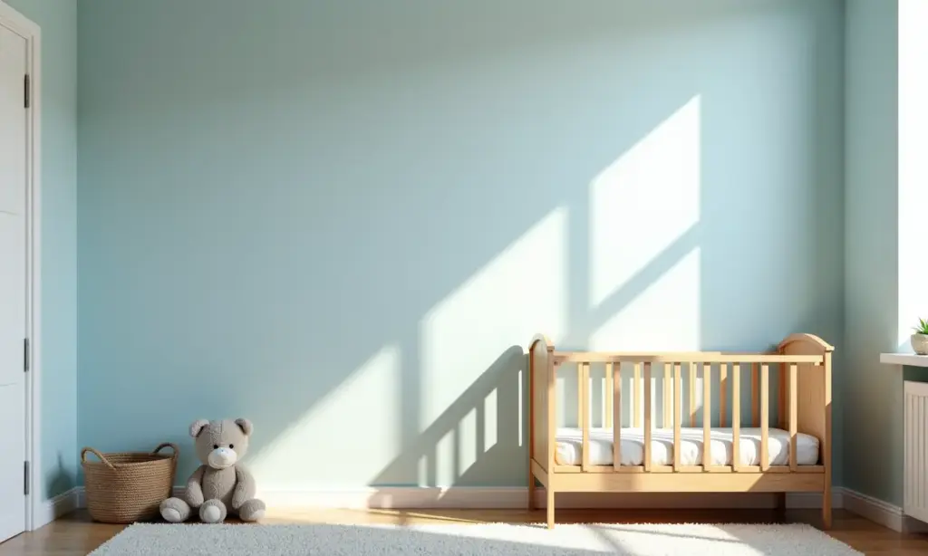 Quarto de bebê menino simples e aconchegante com decoração minimalista.