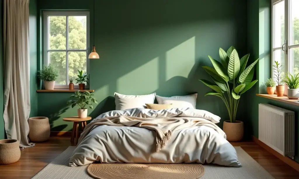Quarto de casal com decoração em tons de verde, estilo aconchegante e iluminação natural.