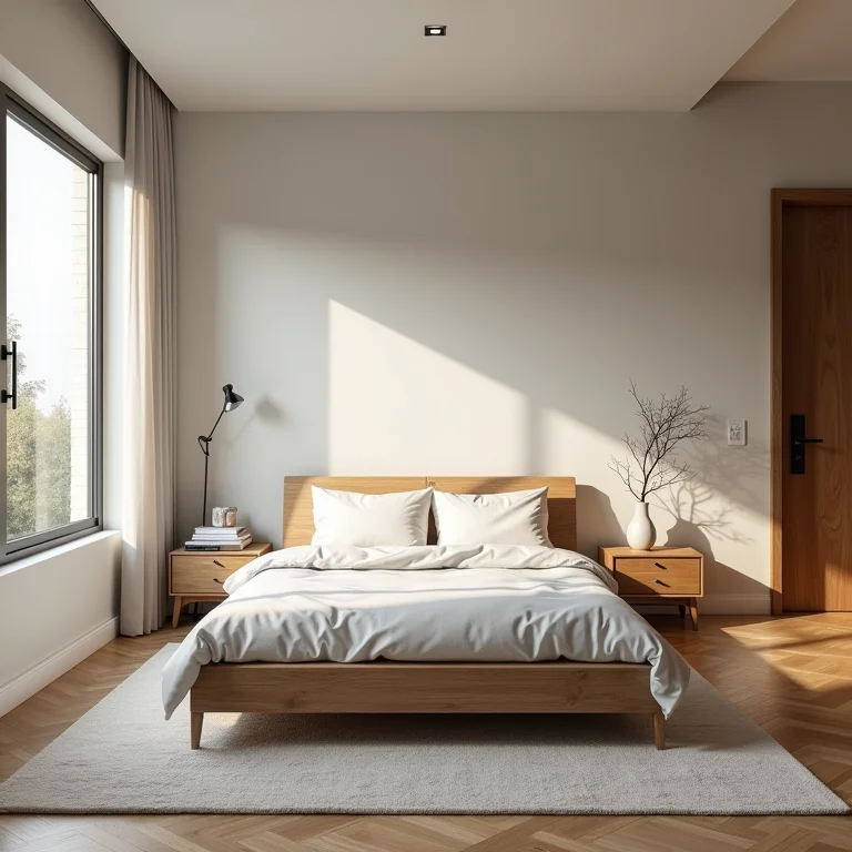 Quarto de casal pequeno com circulação otimizada e espaço livre.