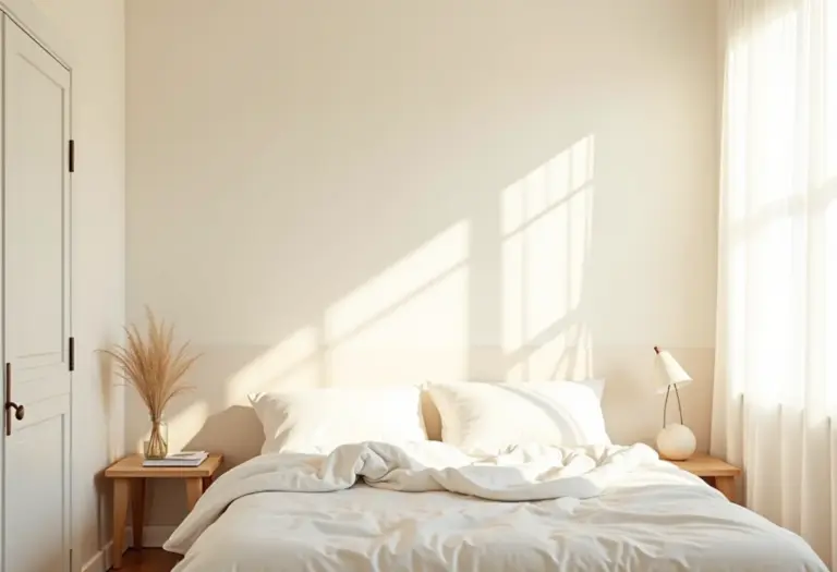 Quarto de casal pequeno com decoração minimalista e cores claras.