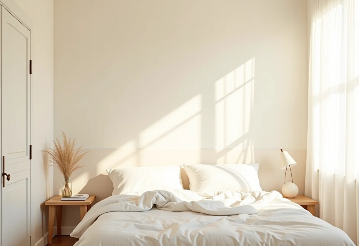 Quarto de casal pequeno com decoração minimalista e cores claras.