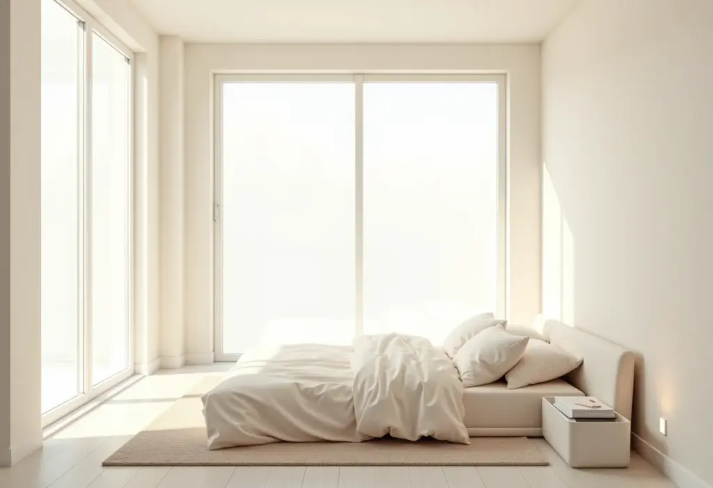 Quarto de casal pequeno decorado com cores claras e iluminação natural