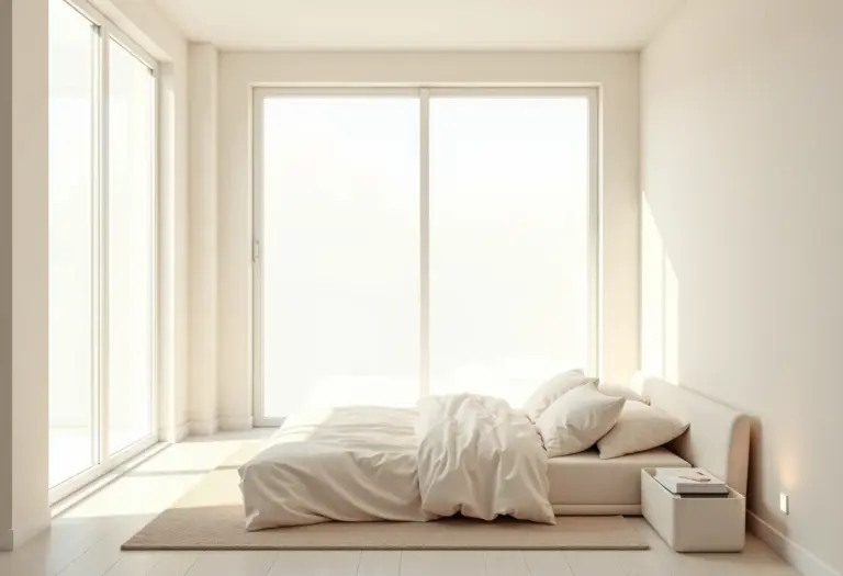 Quarto de casal pequeno decorado com cores claras e iluminação natural