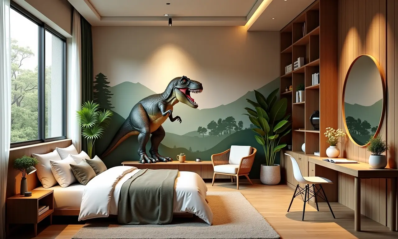 Quarto de dinossauro elegante com design harmonioso.