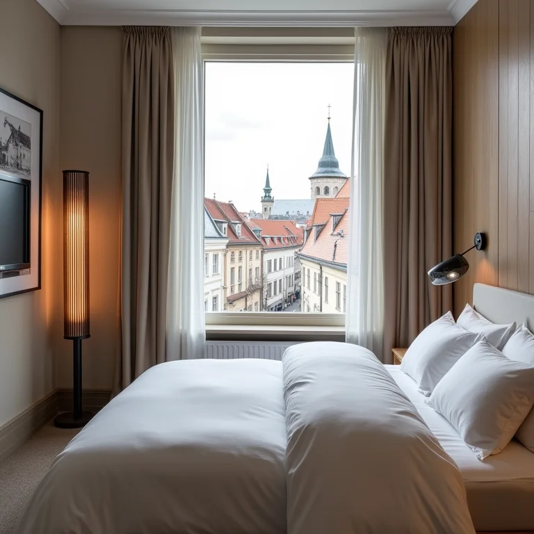Quarto de hotel boutique com vista para a cidade velha de Tallinn.