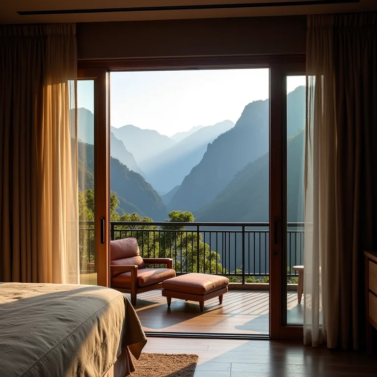 Quarto de hotel luxuoso em Aguas Calientes com vista para as montanhas
