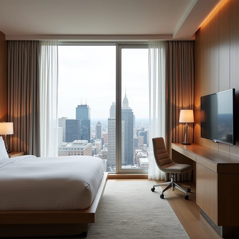 Quarto de hotel moderno em Boston com vista para a cidade