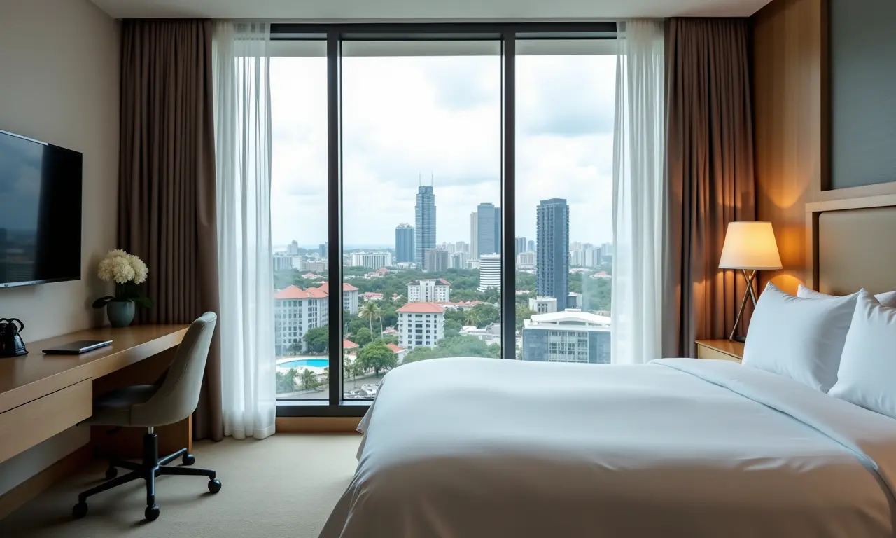 Quarto de hotel moderno na Cidade do Panamá com vista para a cidade.