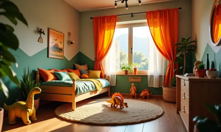 Quarto de menino com tema de dinossauro, decoração aconchegante e brinquedos.