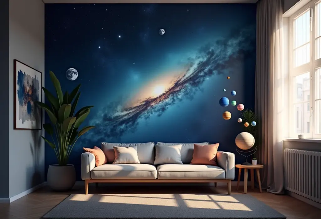 Quarto decorado com tema espacial.