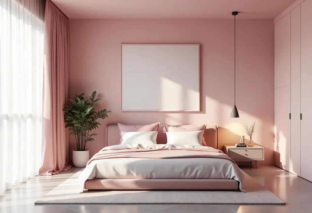 Quarto decorado em tons de cinza e rosa, criando uma atmosfera moderna e aconchegante.