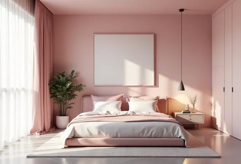 Quarto decorado em tons de cinza e rosa, criando uma atmosfera moderna e aconchegante.