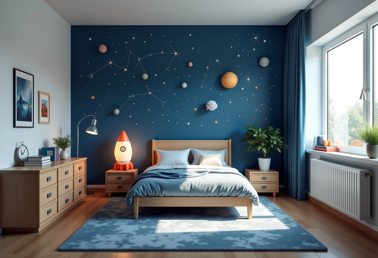 Quarto infantil moderno com tema espacial