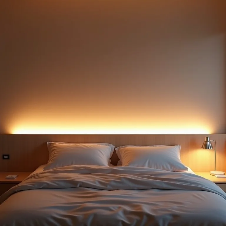 Quarto minimalista com cabeceira iluminada por fita de LED