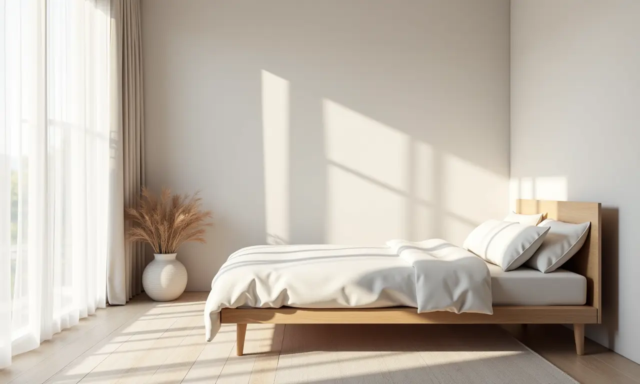 Quarto minimalista com cama simples e cores neutras, promovendo o descanso.