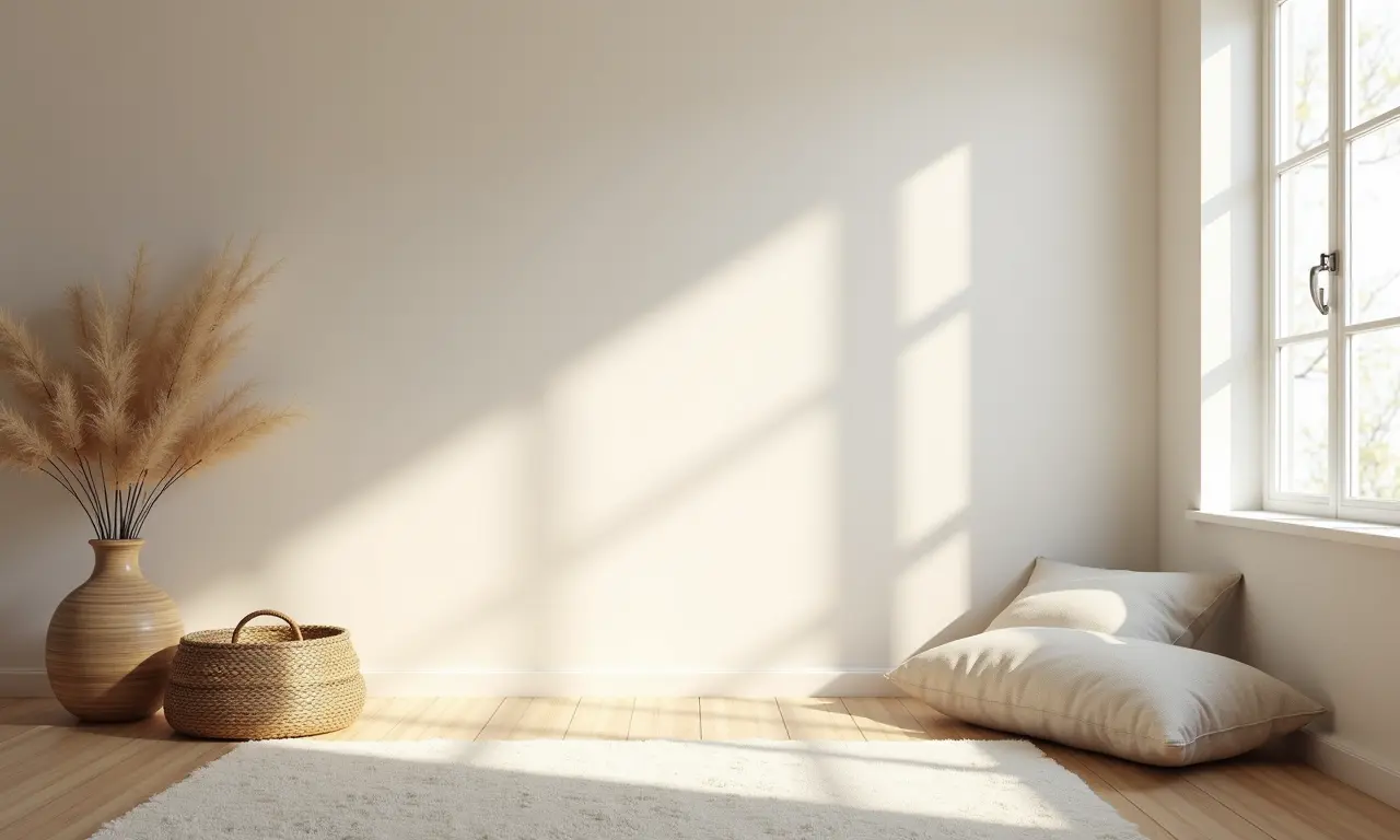 Quarto minimalista com cores neutras, transmitindo serenidade.