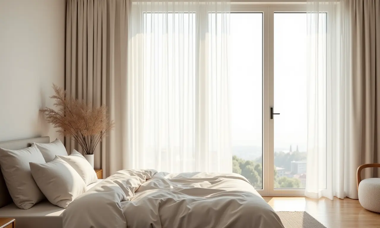 Quarto minimalista com iluminação natural abundante, criando um ambiente relaxante.