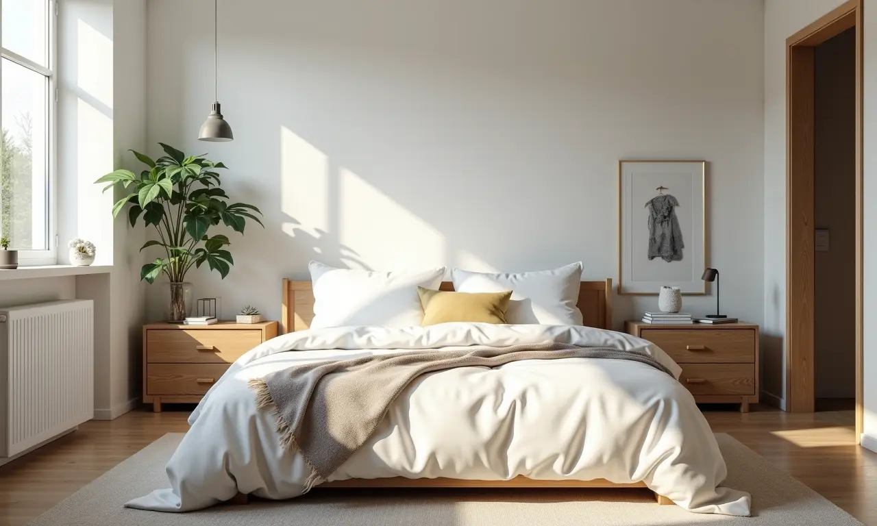 Quarto minimalista com superfícies organizadas e estética clean.