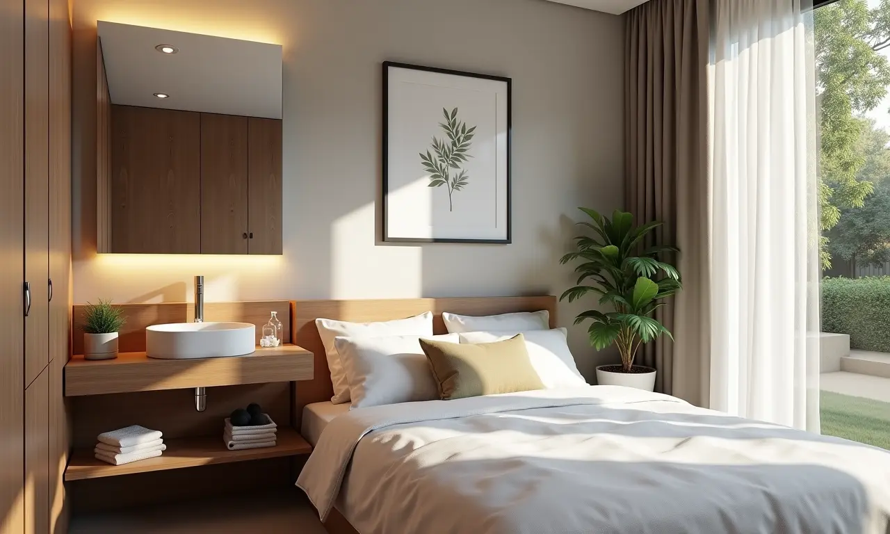 Quarto pequeno com penteadeira de tamanho ideal.