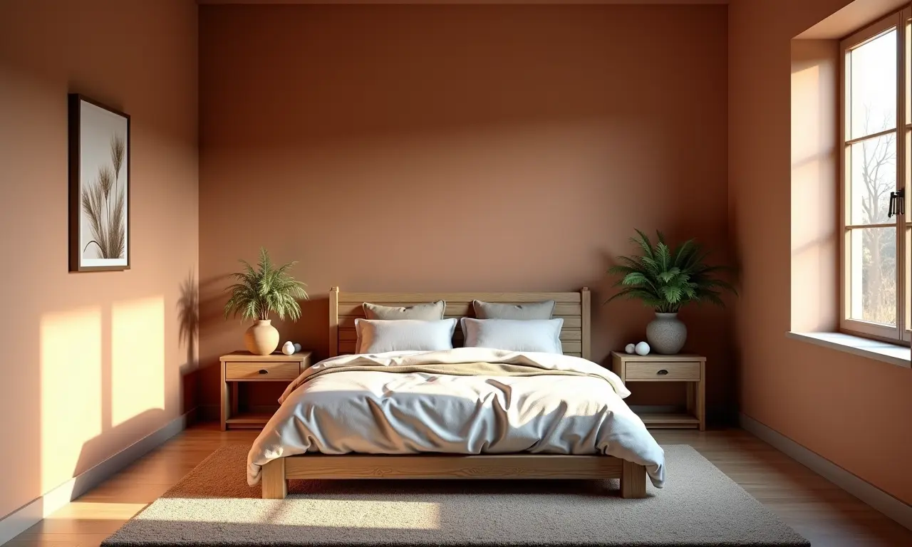Quarto rústico com paredes pintadas em tons terrosos, criando atmosfera natural e calma.