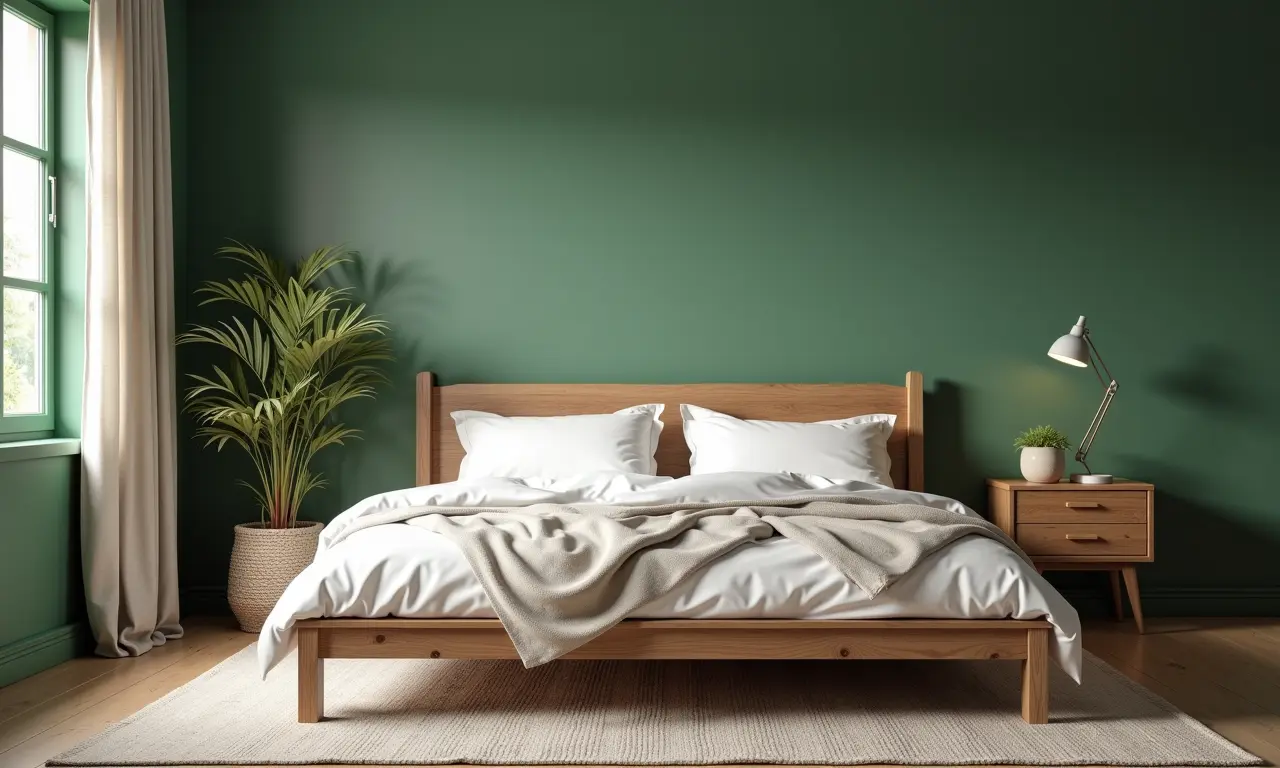 Quarto rústico com paredes verdes, cama de madeira e texturas suaves.