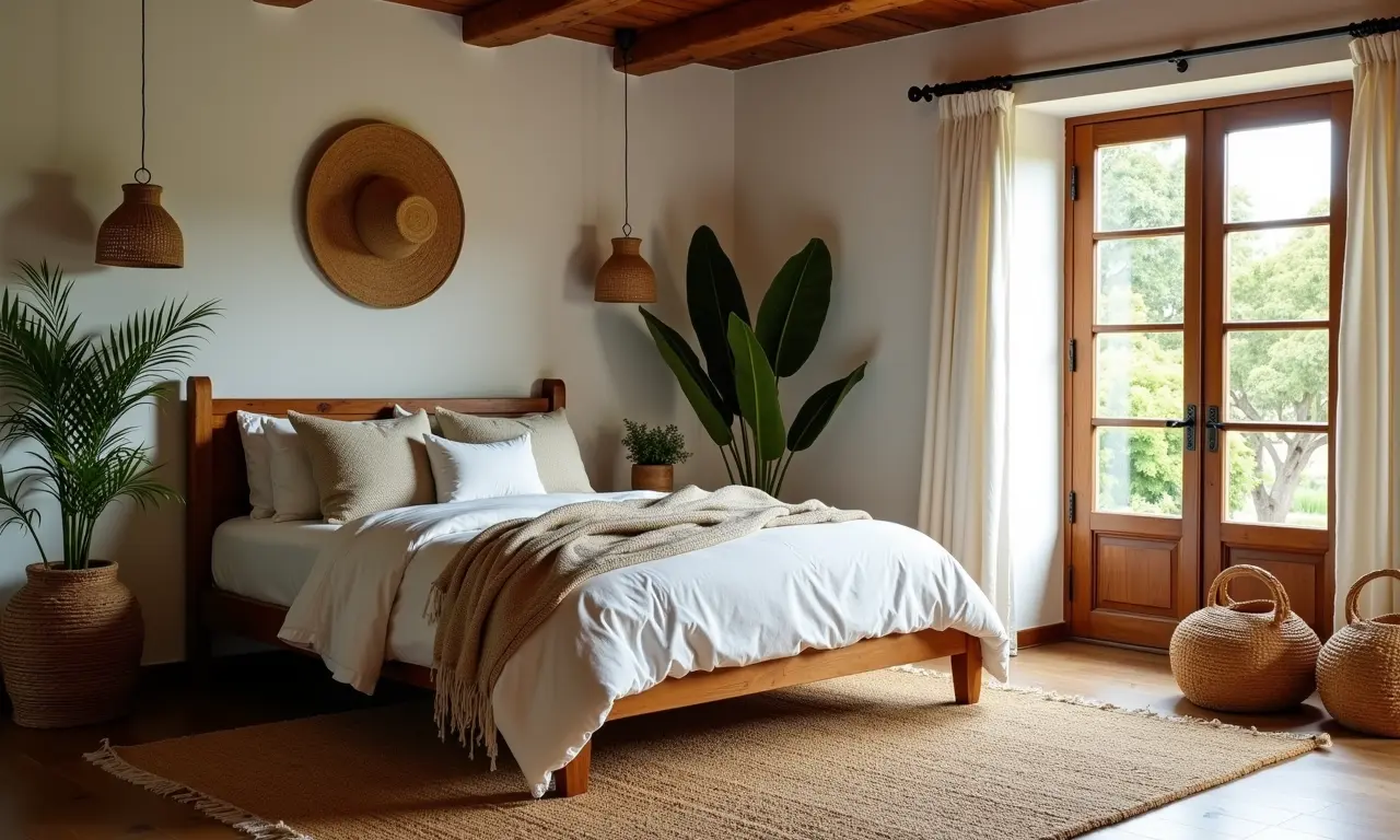 Quarto rústico com tapete de juta, móveis de vime e cestos de palha.