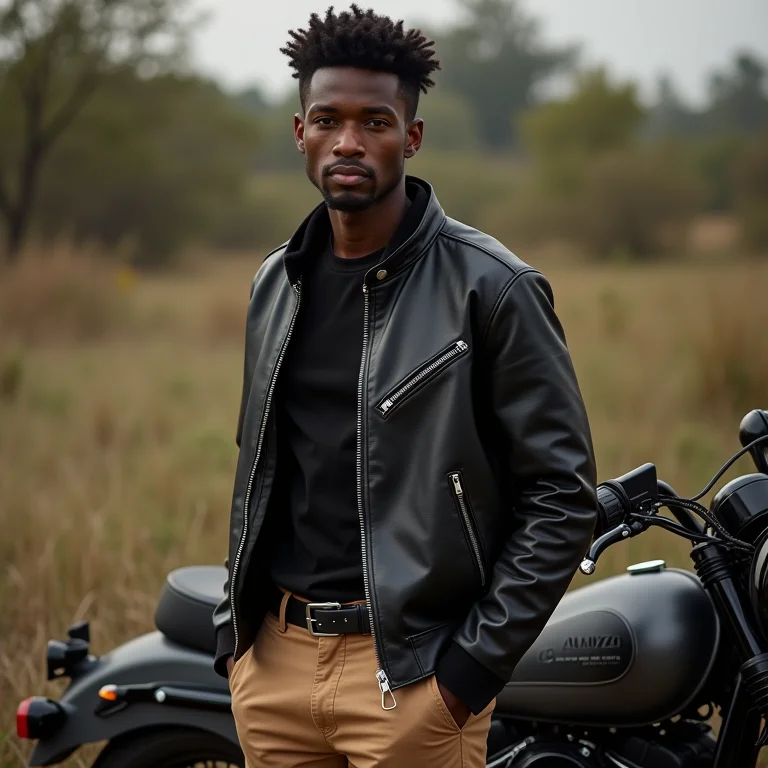 Rebeldia com elegância: calça chino e jaqueta de couro.