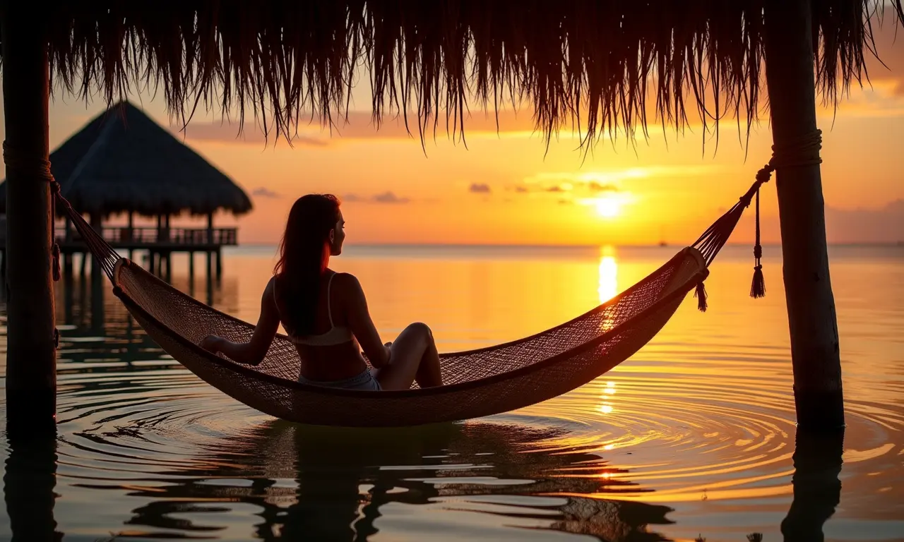 Rede na água em Jericoacoara ao pôr do sol, Ceará.
