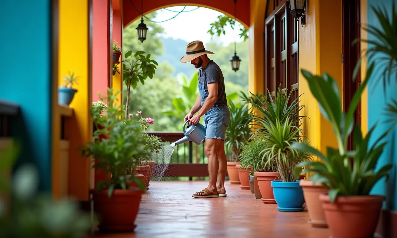Regador hidratando plantas em varanda colorida.