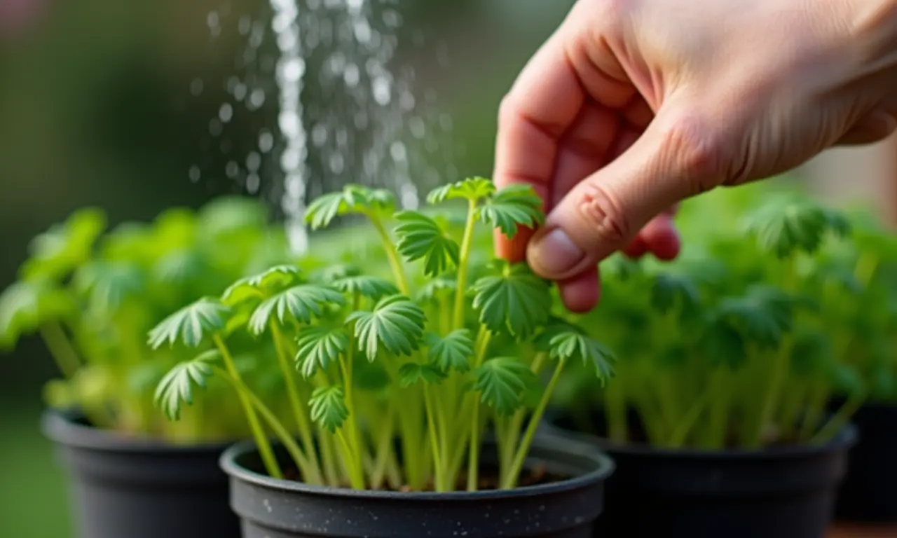 Regando a salsinha corretamente em um vaso.