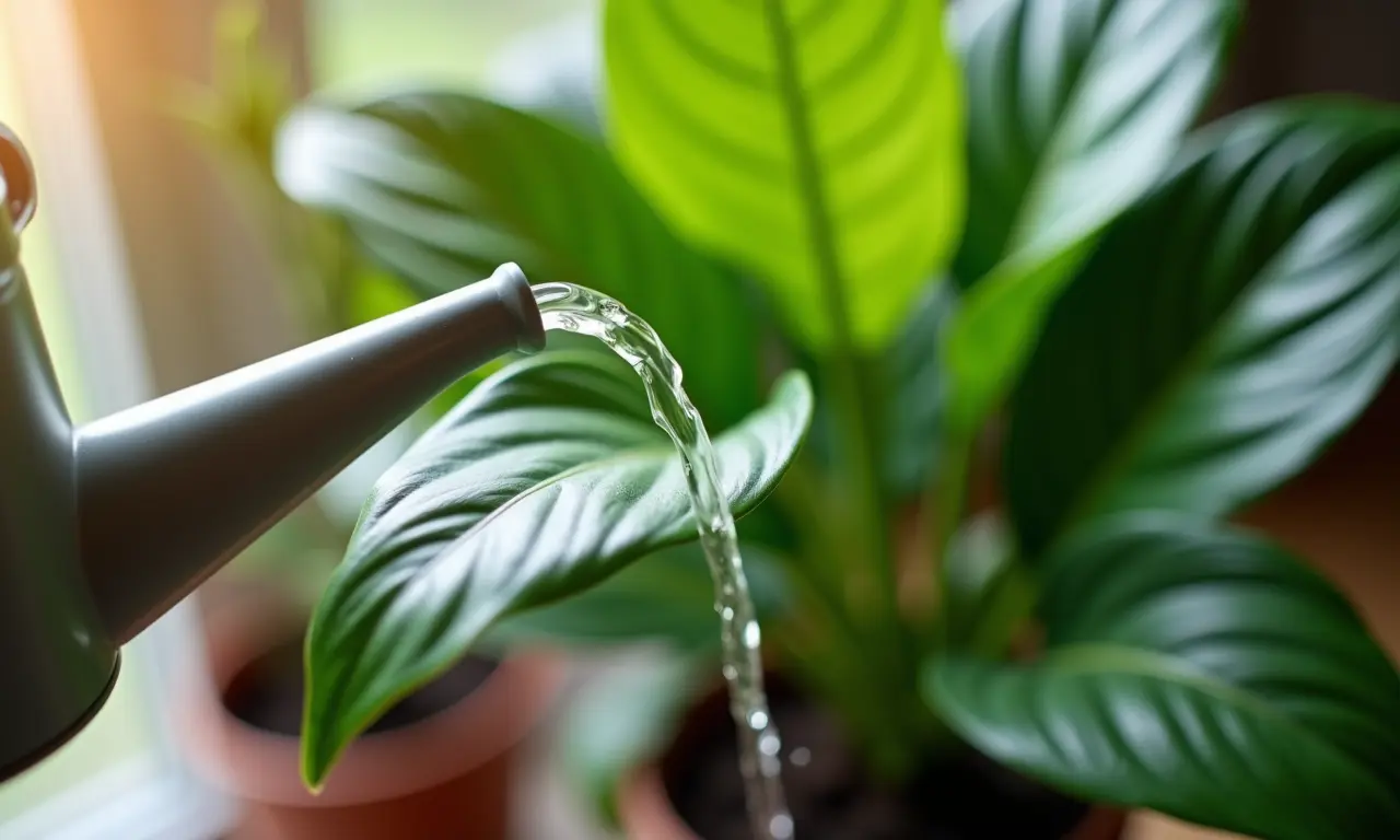 Regando delicadamente um Lírio da Paz, mostrando folhas saudáveis e solo úmido.