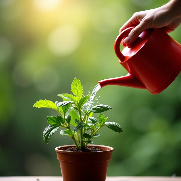 Regando erva em vaso