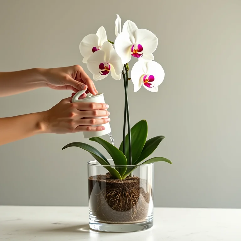 Regando orquídea com cuidado
