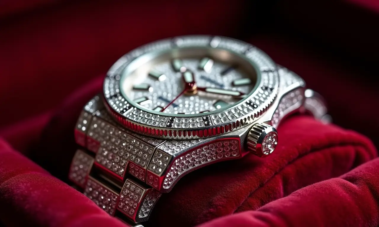 Relógio cravejado de diamantes, luxo extremo.