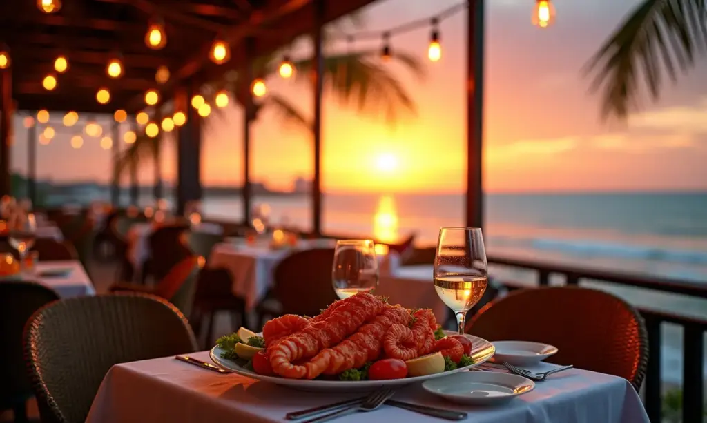 Restaurantes Beira Mar Fortaleza: Onde Comer Bem com Vista para o Mar! Restaurante de frutos do mar com vista para a praia de Fortaleza ao pôr do sol.