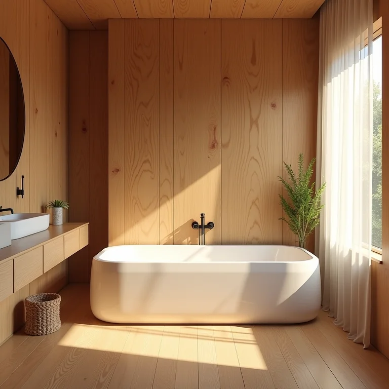 Revestimento de madeira em banheiro aconchegante