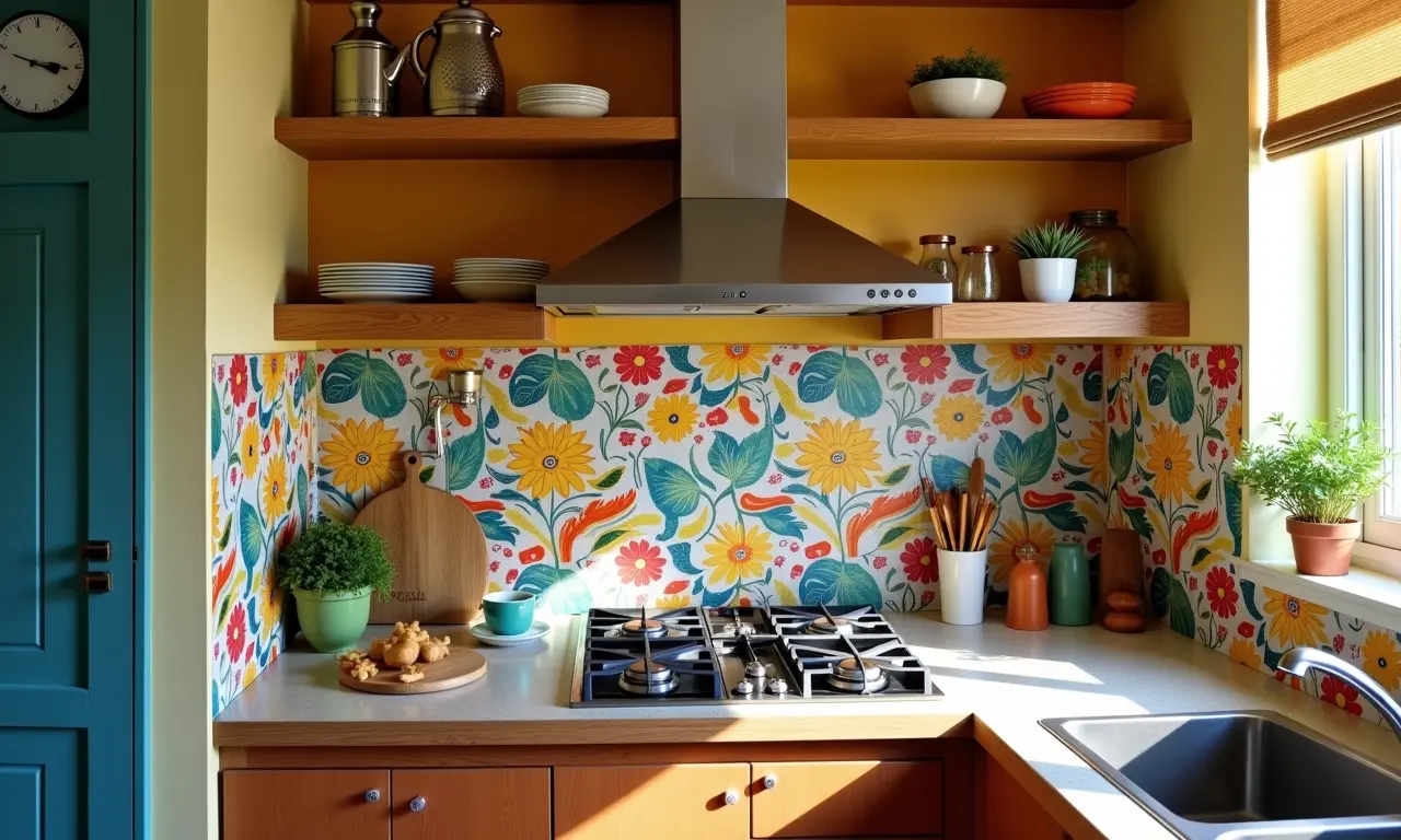 Revestimentos coloridos em cozinha pequena, backsplash vibrante e design brasileiro.