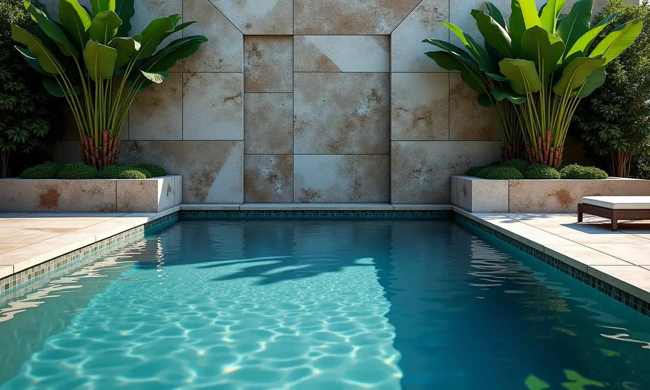 Revestimentos diferenciados na área da piscina.