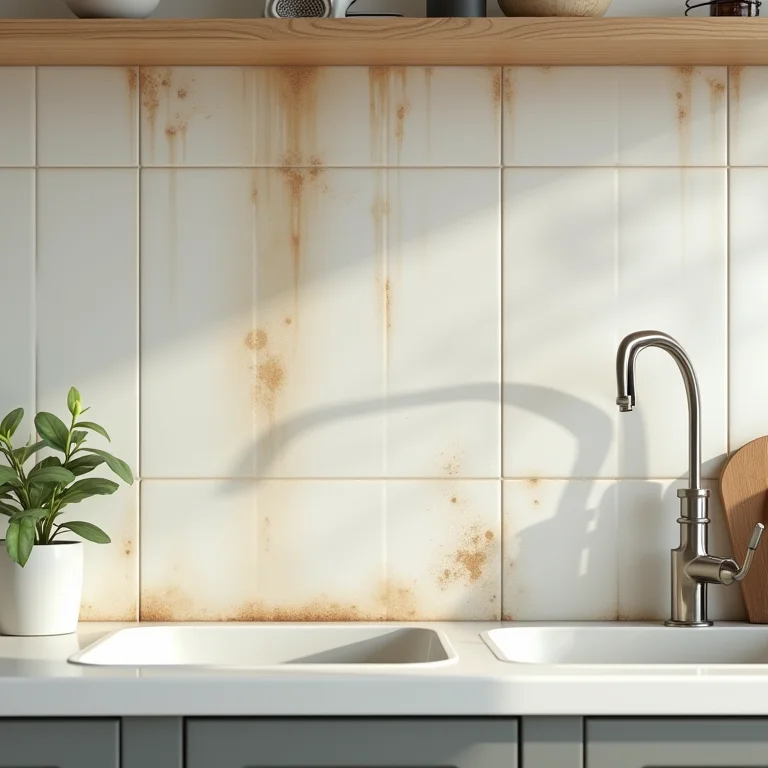 Revestimentos inadequados na cozinha com sujeira e manchas