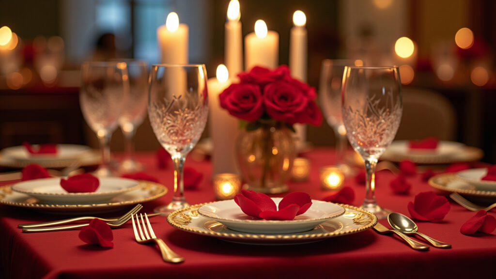 Romantic dining table setup with red and gold accents, candles, rose petals, and crystal glasses. Mesa de jantar 4 lugares para um jantar romântico com velas e pétalas de rosa.