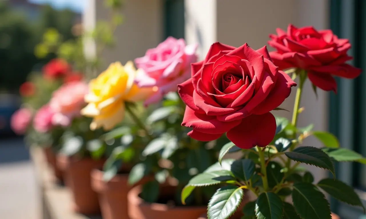 Rosas de diversas cores florescendo em vasos em uma varanda ensolarada.
